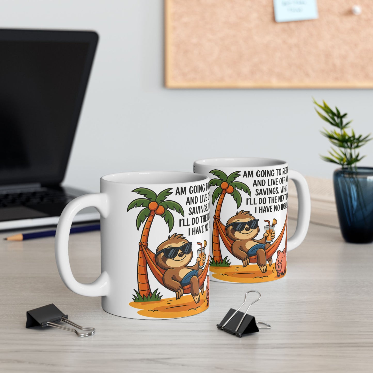 Funny Retirement Ceramic Mug - Sloth and Pig Design for Adults, Gift Idea for Retirement Party, Humor Coffee Cup, Beach Vibes, 11oz or 15oz