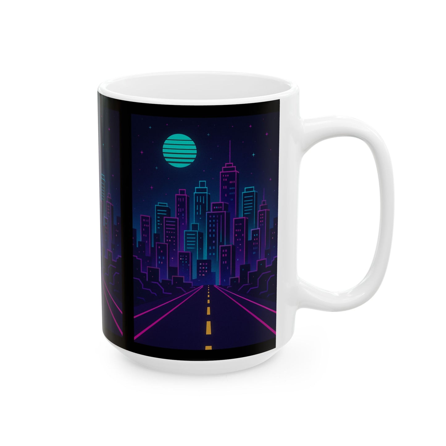 Neon Cityscape Ceramic Mug | Artsy Coffee Cup, Sci-Fi Drinkware, Unique Gift, Nightlife Vibe, Urban Decor