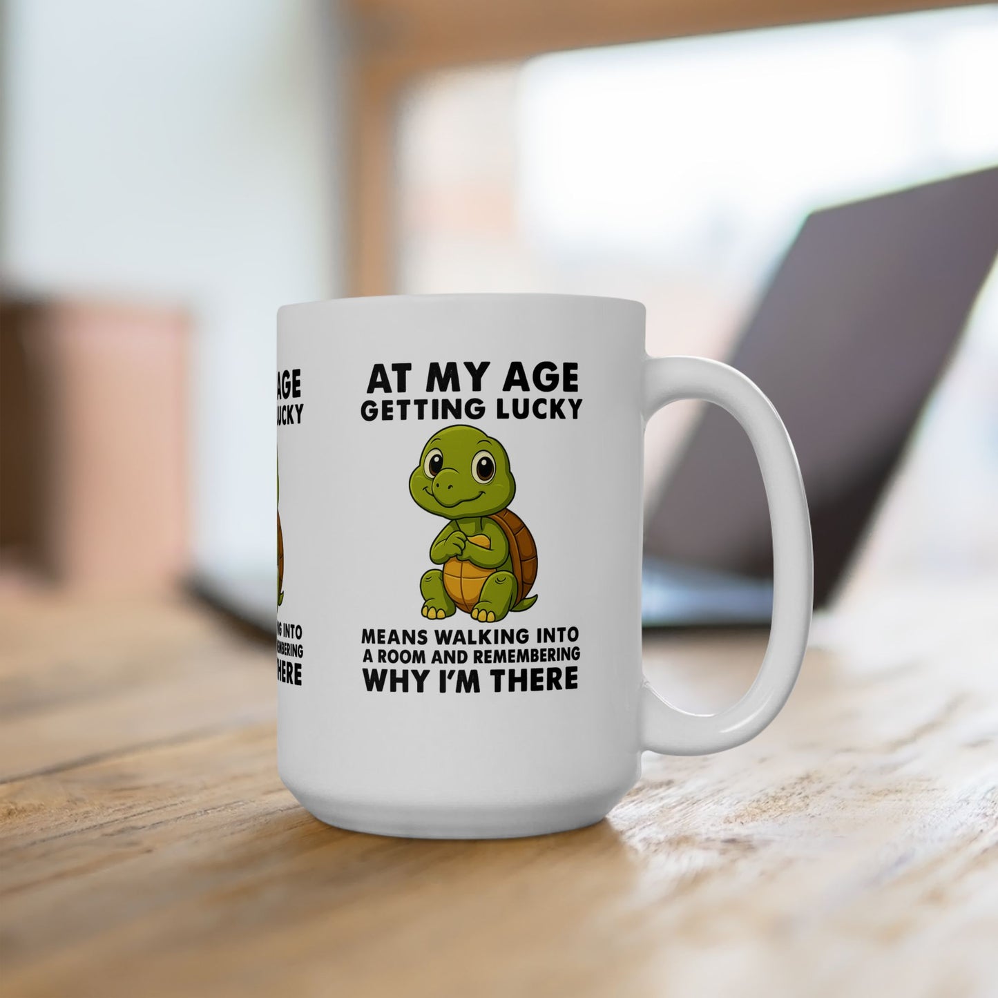Funny Turtle Mug - Getting Lucky at My Age, Cute Gift for Seniors, Coffee Cup for Birthdays, Fun Home Decor, Humorous Tea Mug