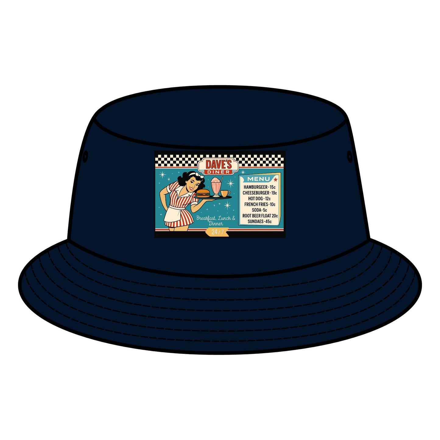Retro Diner Bucket Hat, Vintage Style Hat, Summer Accessory, Unisex Hat, Festival Gear, Gift for Foodies