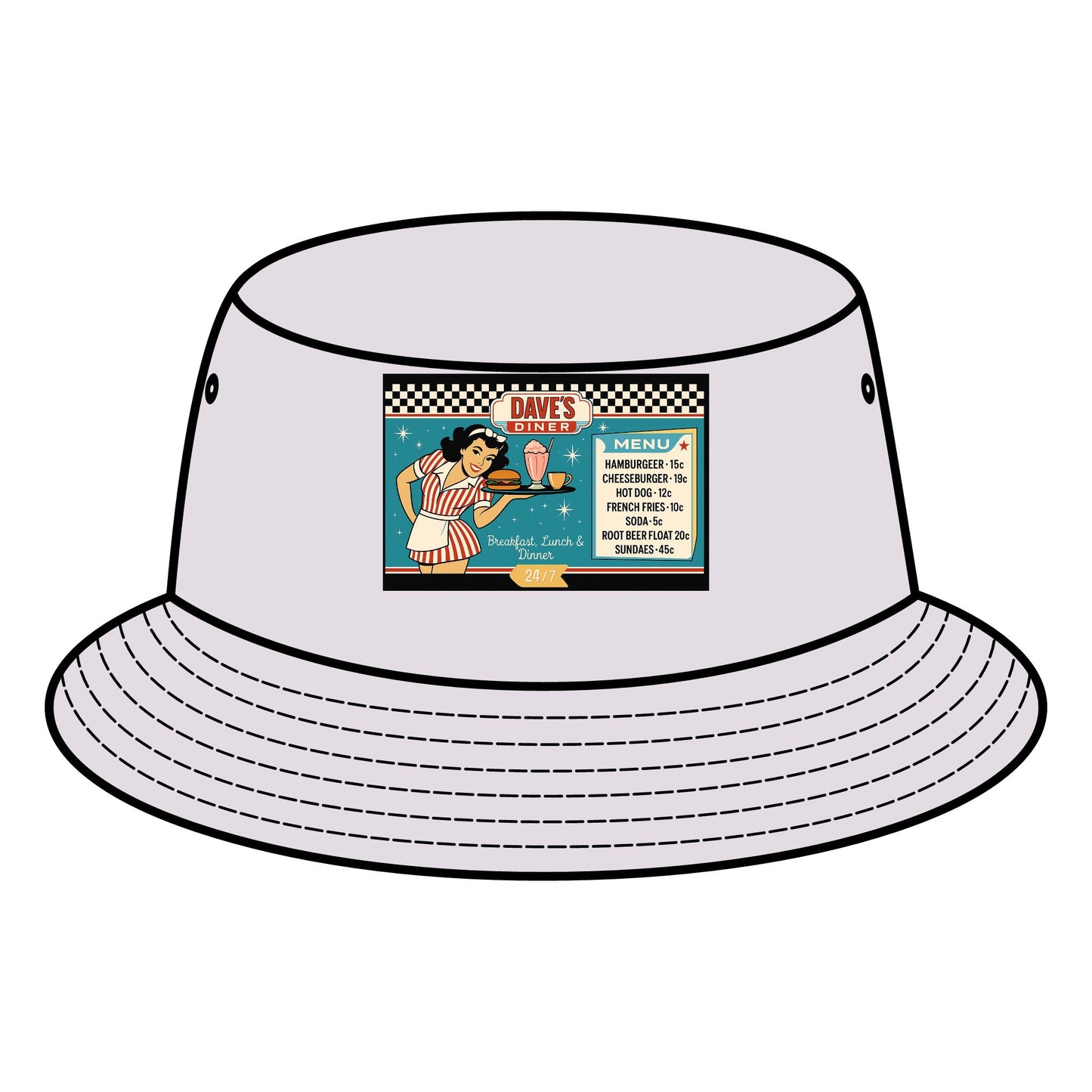 Retro Diner Bucket Hat, Vintage Style Hat, Summer Accessory, Unisex Hat, Festival Gear, Gift for Foodies
