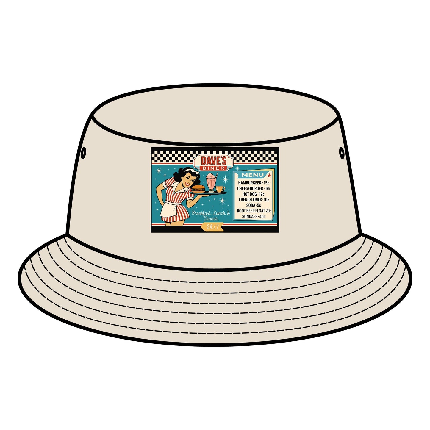 Retro Diner Bucket Hat, Vintage Style Hat, Summer Accessory, Unisex Hat, Festival Gear, Gift for Foodies