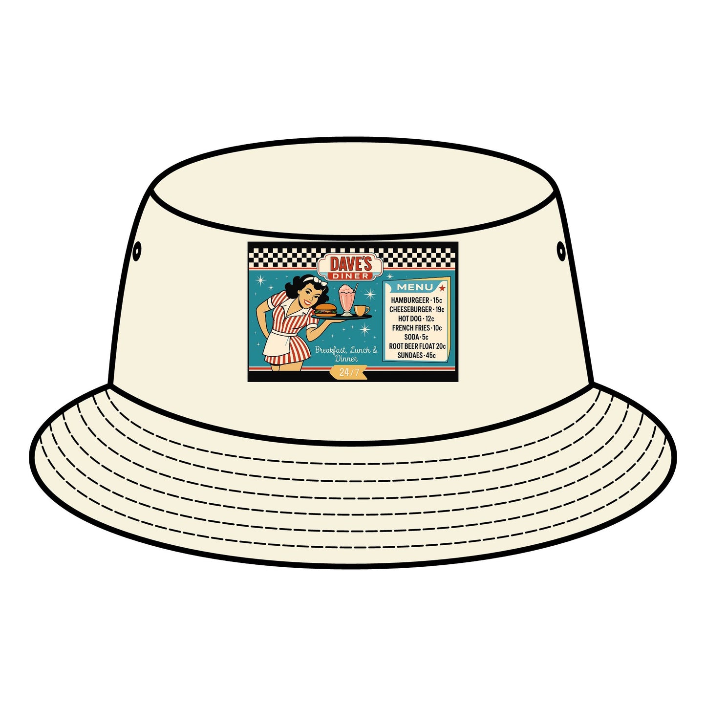 Retro Diner Bucket Hat, Vintage Style Hat, Summer Accessory, Unisex Hat, Festival Gear, Gift for Foodies