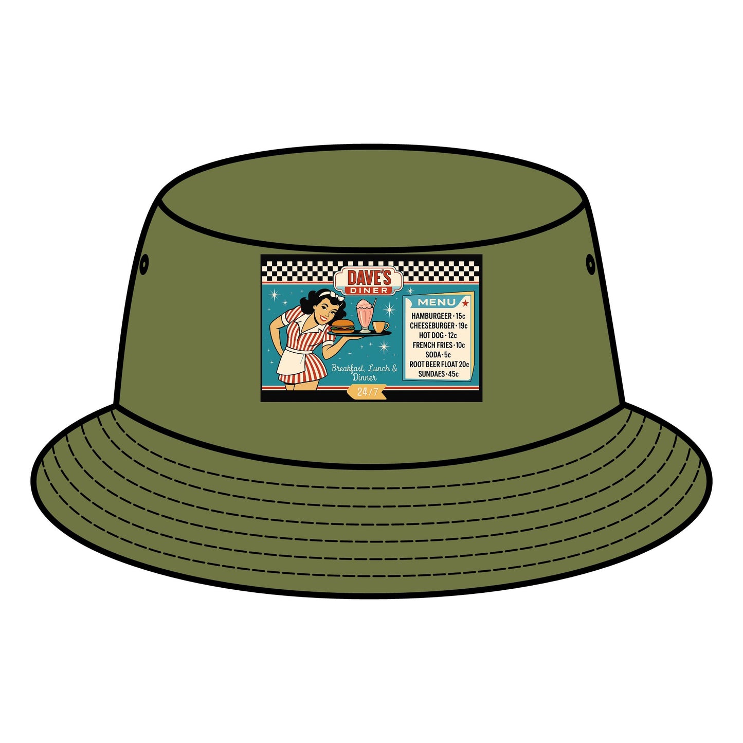 Retro Diner Bucket Hat, Vintage Style Hat, Summer Accessory, Unisex Hat, Festival Gear, Gift for Foodies
