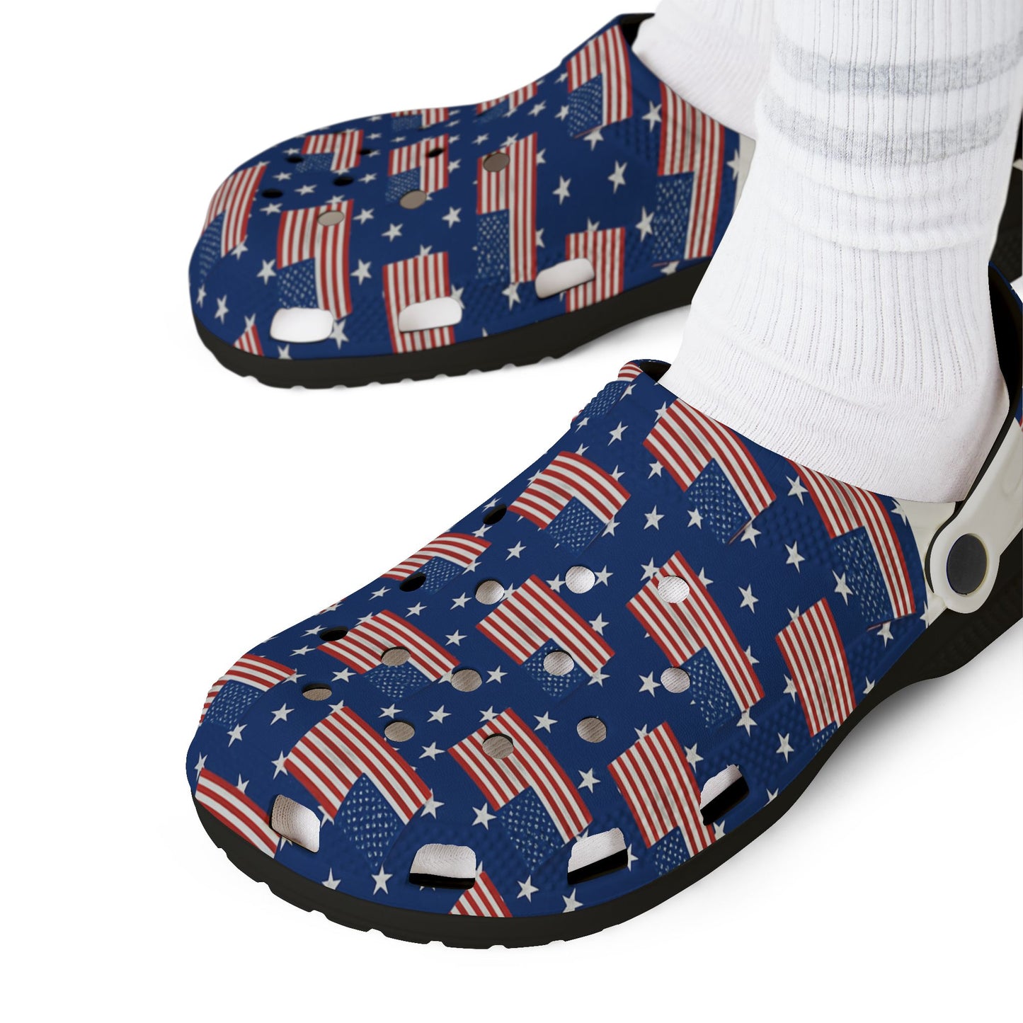 Patriotic Foam Shoes, USA Flag Clogs, Comfortable Garden Footwear, Summer Slip-Ons, Fun July 4th Shoes, Unisex Outdoor Footwear