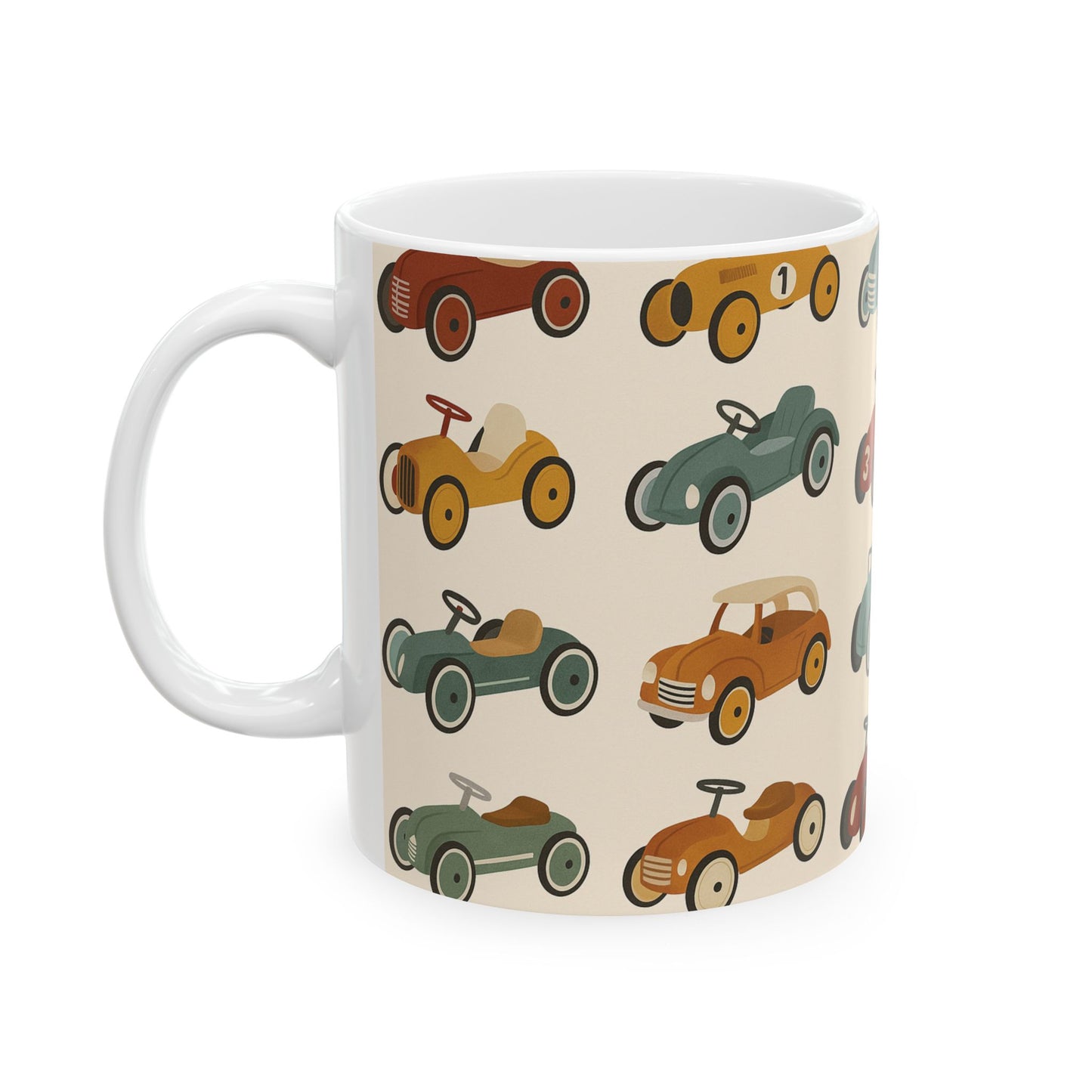 Vintage Race Car Ceramic Mug, Perfect Gift for Car Lovers, Kids' Birthday, Father's Day, Coffee Tea Drinkware, pedal cars