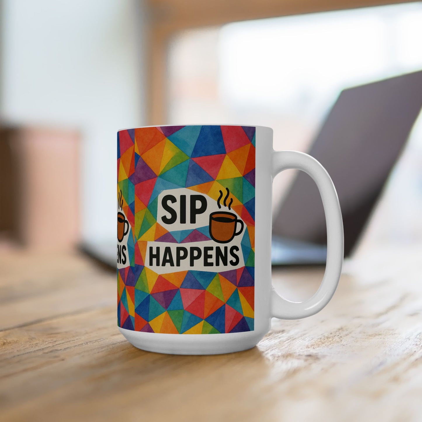 Colorful Ceramic Mug - 'Sip Happens' Coffee Cup, Fun Gift, Office Mug, Colorful Kitchenware, Beverage Container