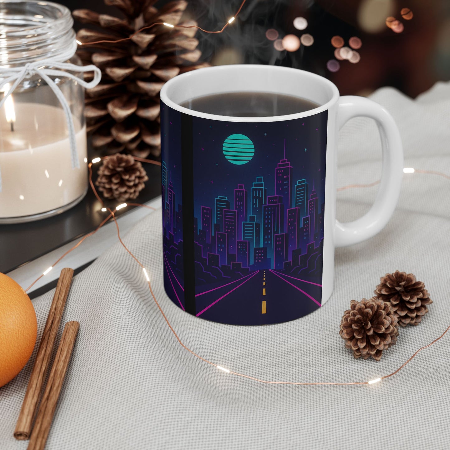 Neon Cityscape Ceramic Mug | Artsy Coffee Cup, Sci-Fi Drinkware, Unique Gift, Nightlife Vibe, Urban Decor