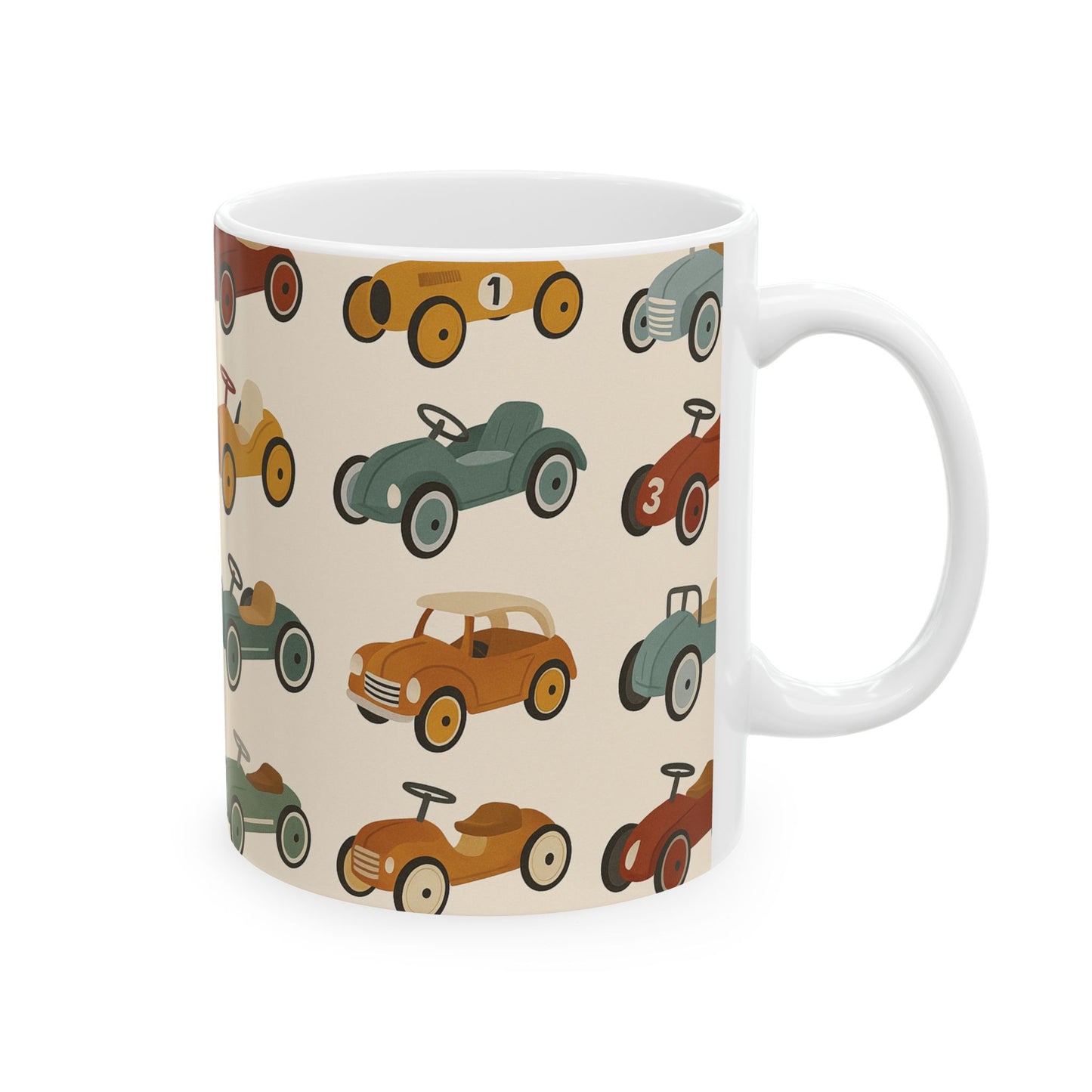 Vintage Race Car Ceramic Mug, Perfect Gift for Car Lovers, Kids' Birthday, Father's Day, Coffee Tea Drinkware, pedal cars