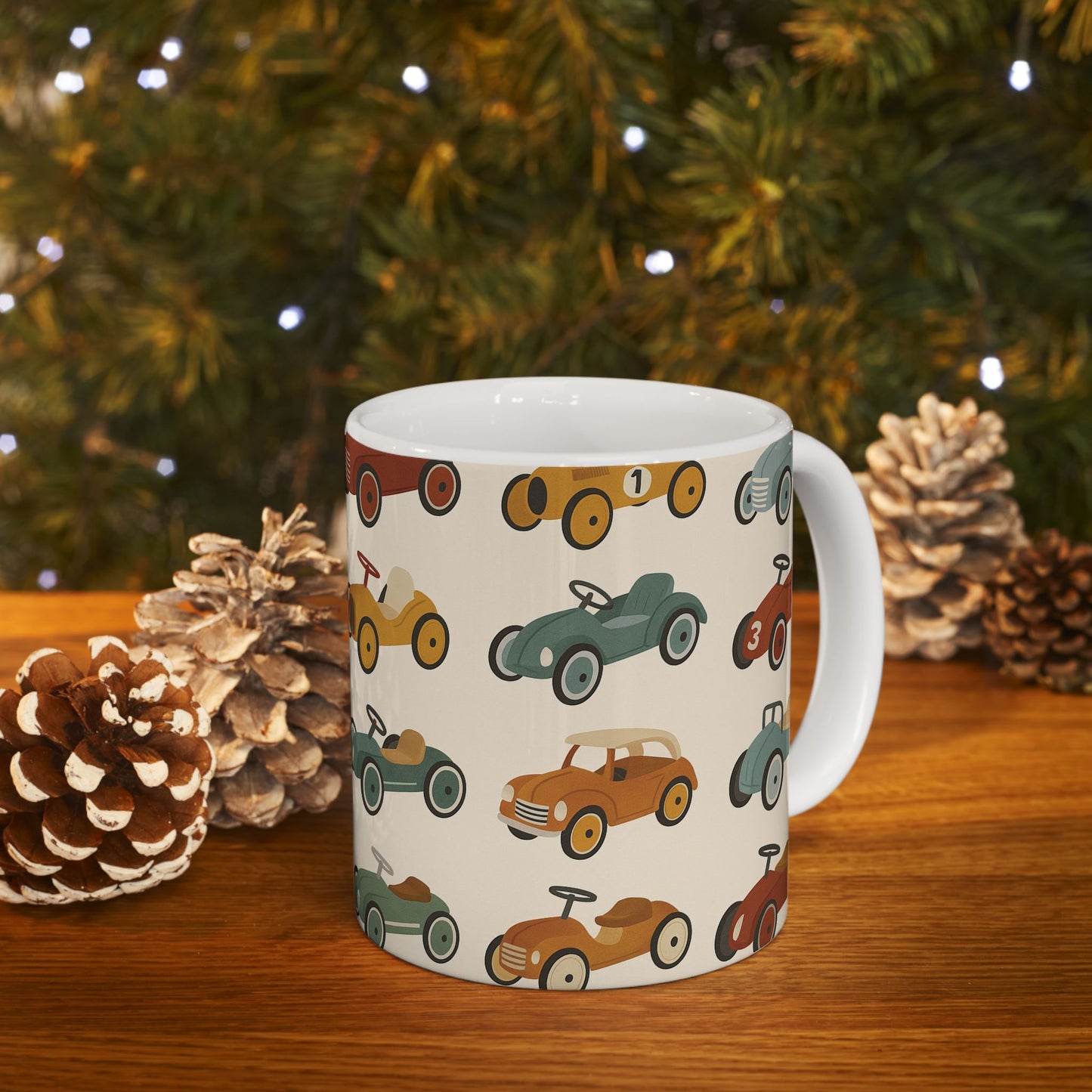 Vintage Race Car Ceramic Mug, Perfect Gift for Car Lovers, Kids' Birthday, Father's Day, Coffee Tea Drinkware, pedal cars