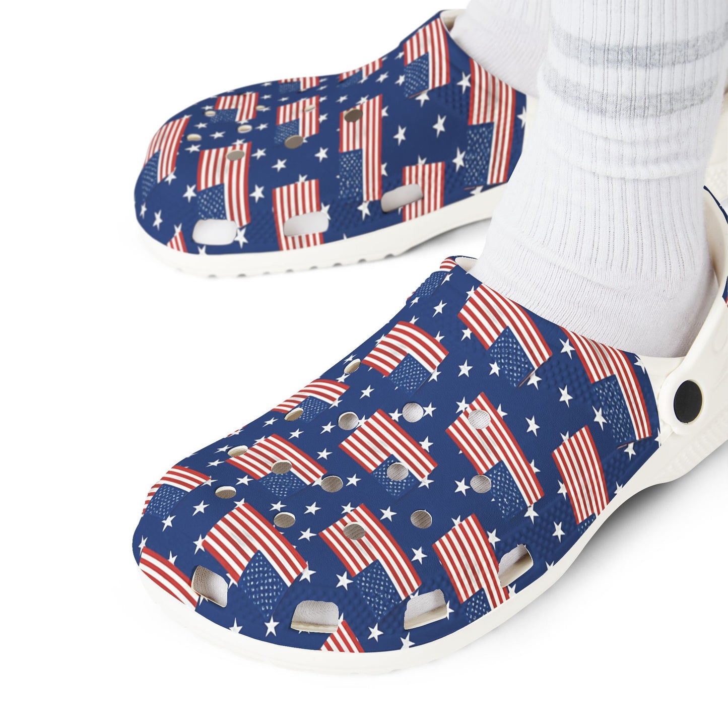 Patriotic Foam Shoes, USA Flag Clogs, Comfortable Garden Footwear, Summer Slip-Ons, Fun July 4th Shoes, Unisex Outdoor Footwear