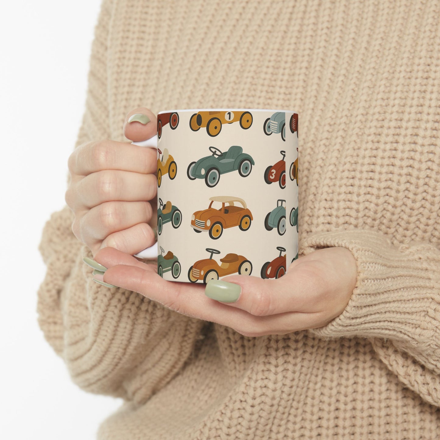 Vintage Race Car Ceramic Mug, Perfect Gift for Car Lovers, Kids' Birthday, Father's Day, Coffee Tea Drinkware, pedal cars