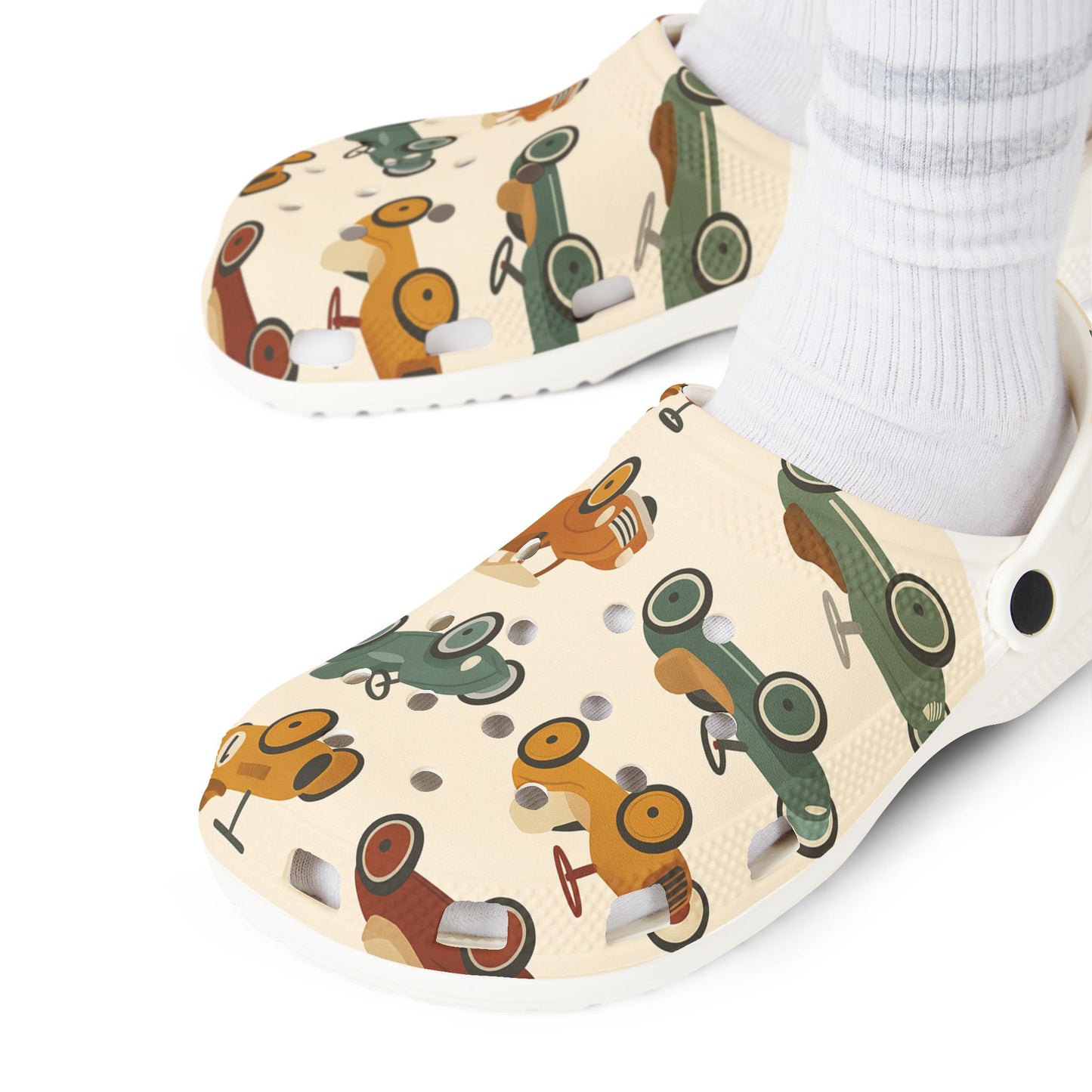 Playful Car Print EVA Foam Rubber Shoes for Kids, Fun Garden Clogs, Summer Footwear, Birthday Gift, Unique Play Shoes