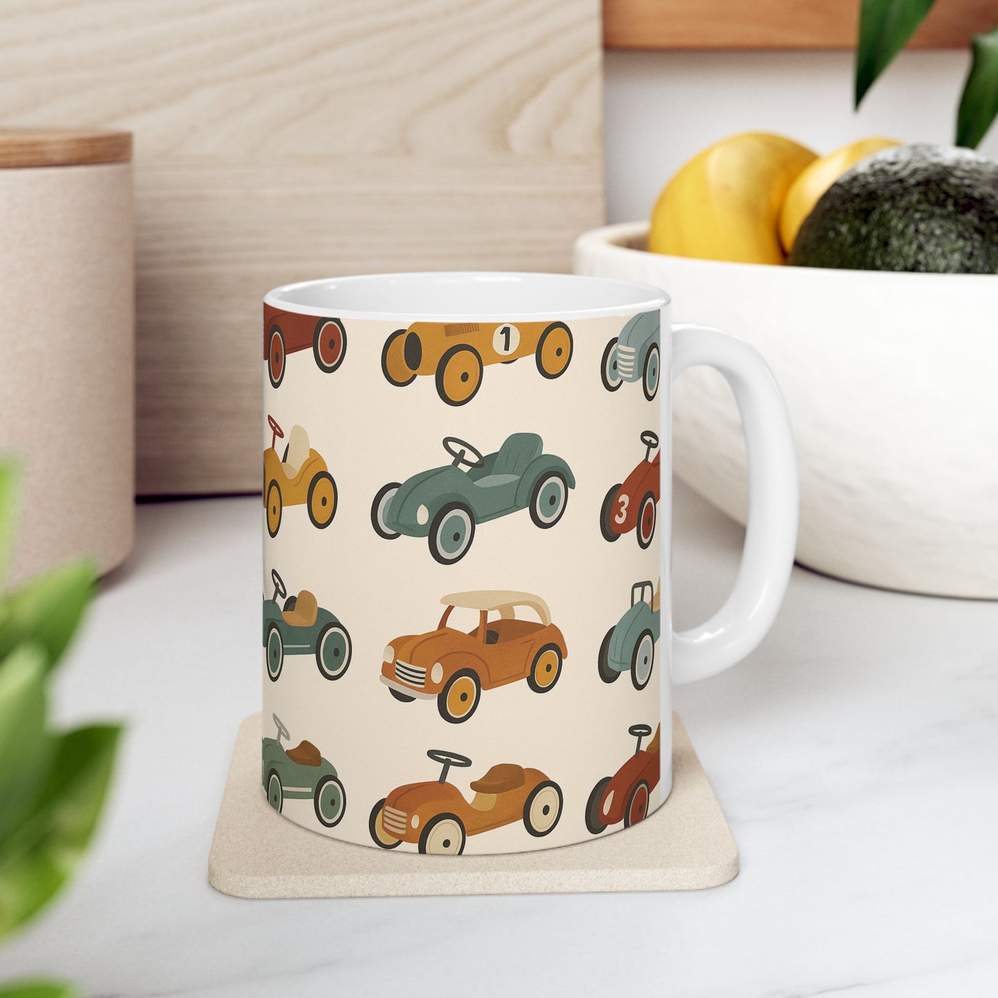Vintage Race Car Ceramic Mug, Perfect Gift for Car Lovers, Kids' Birthday, Father's Day, Coffee Tea Drinkware, pedal cars