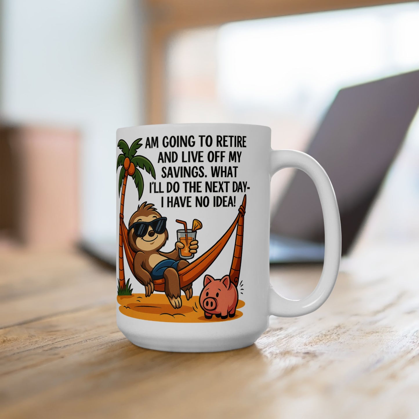 Funny Retirement Ceramic Mug - Sloth and Pig Design for Adults, Gift Idea for Retirement Party, Humor Coffee Cup, Beach Vibes, 11oz or 15oz