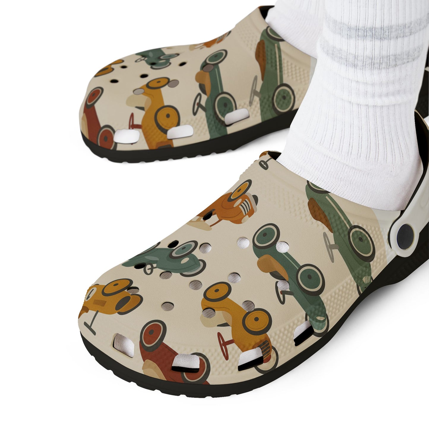 Playful Car Print EVA Foam Rubber Shoes for Kids, Fun Garden Clogs, Summer Footwear, Birthday Gift, Unique Play Shoes