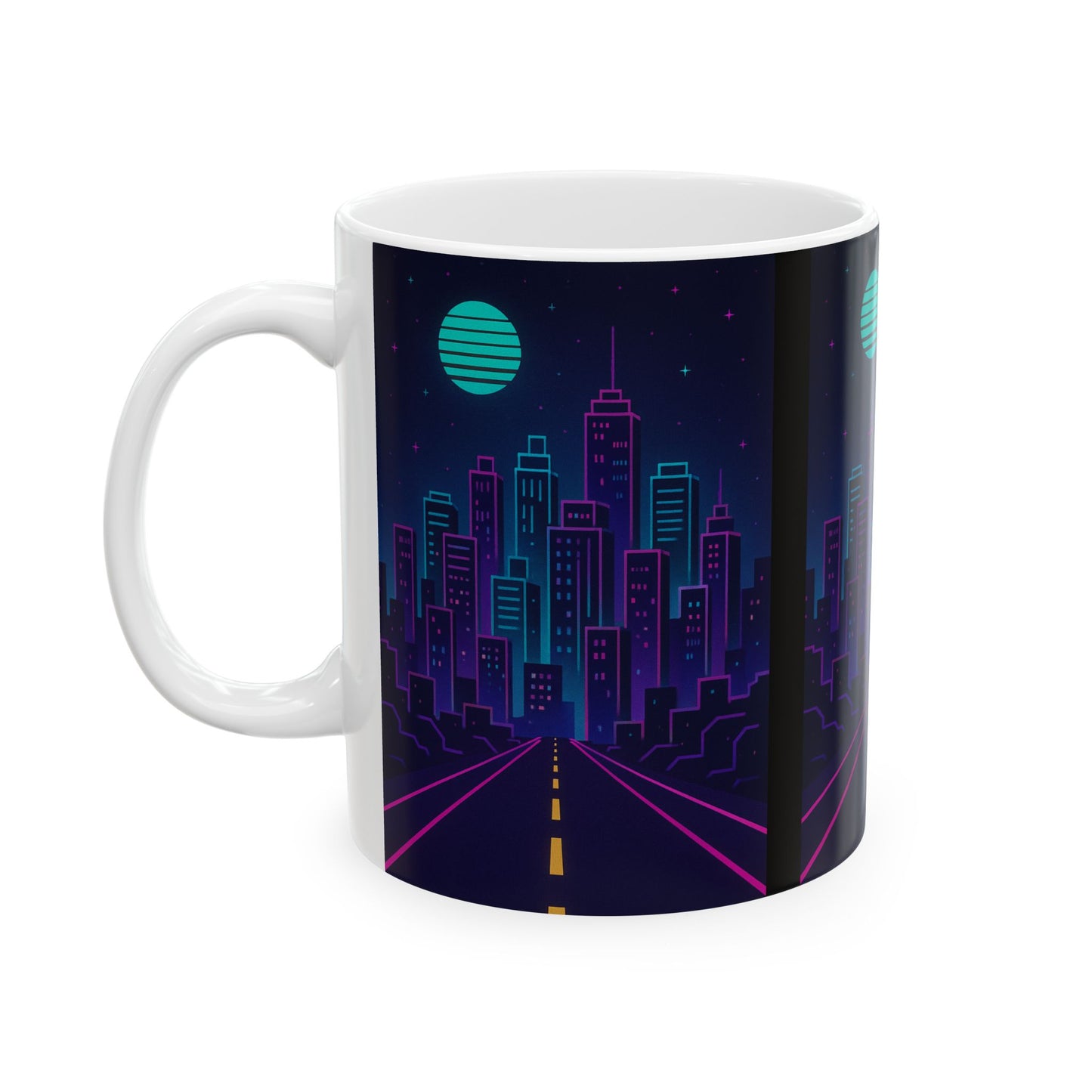 Neon Cityscape Ceramic Mug | Artsy Coffee Cup, Sci-Fi Drinkware, Unique Gift, Nightlife Vibe, Urban Decor