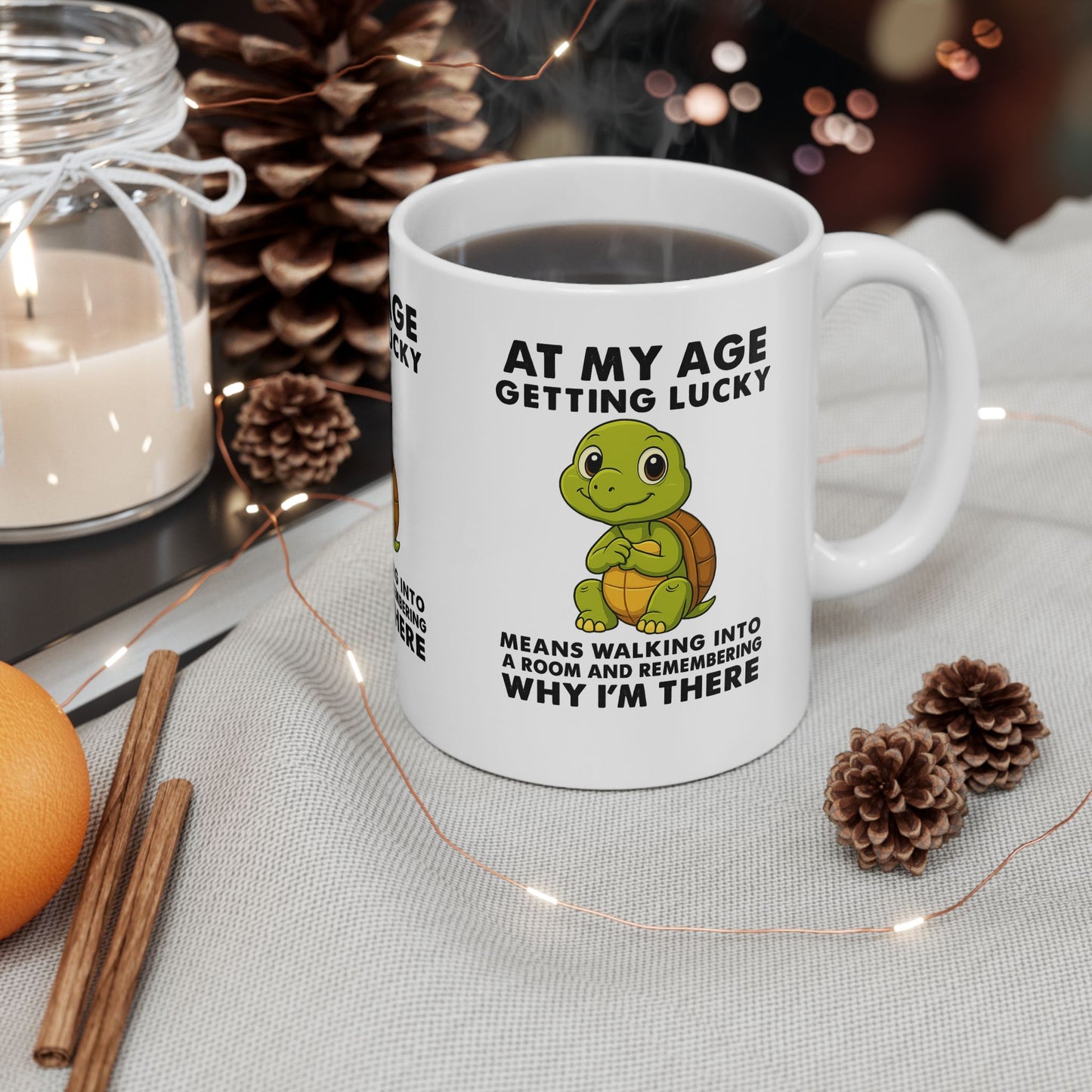 Funny Turtle Mug - Getting Lucky at My Age, Cute Gift for Seniors, Coffee Cup for Birthdays, Fun Home Decor, Humorous Tea Mug