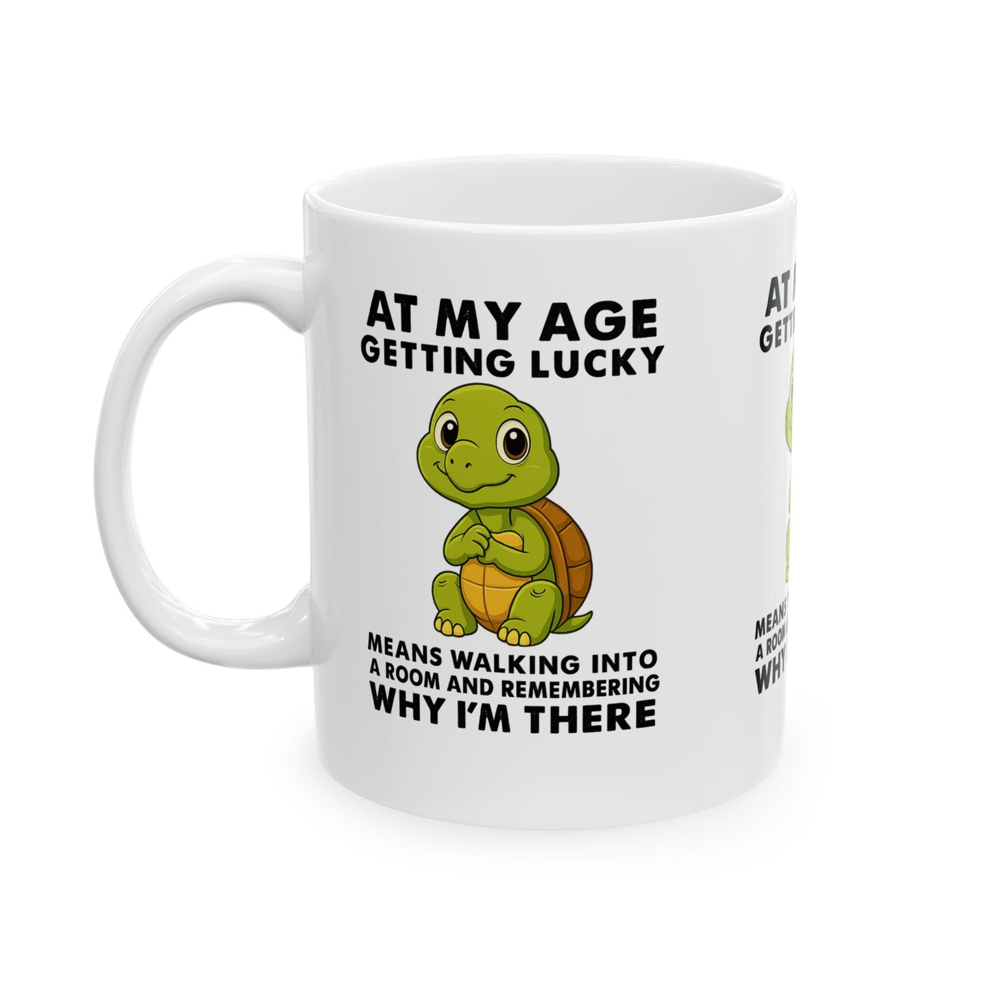 Funny Turtle Mug - Getting Lucky at My Age, Cute Gift for Seniors, Coffee Cup for Birthdays, Fun Home Decor, Humorous Tea Mug