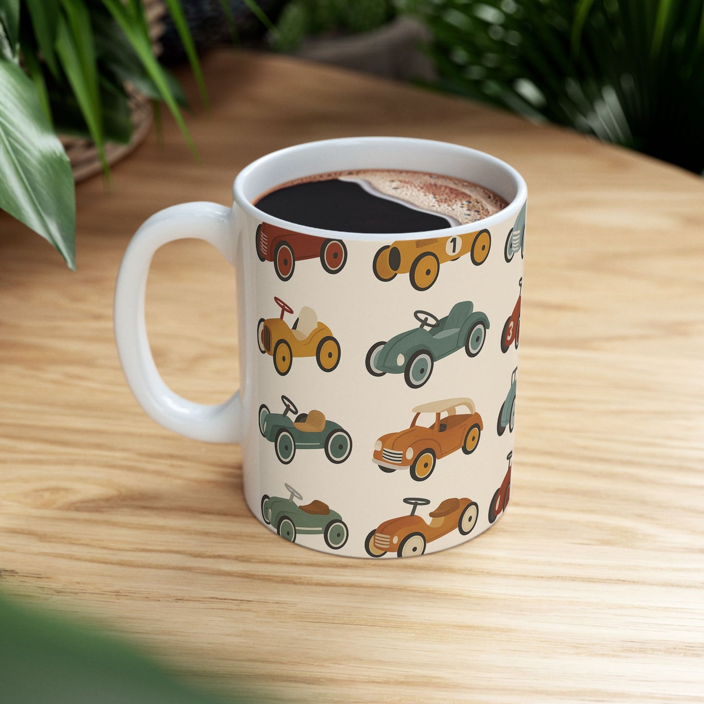 Vintage Race Car Ceramic Mug, Perfect Gift for Car Lovers, Kids' Birthday, Father's Day, Coffee Tea Drinkware, pedal cars