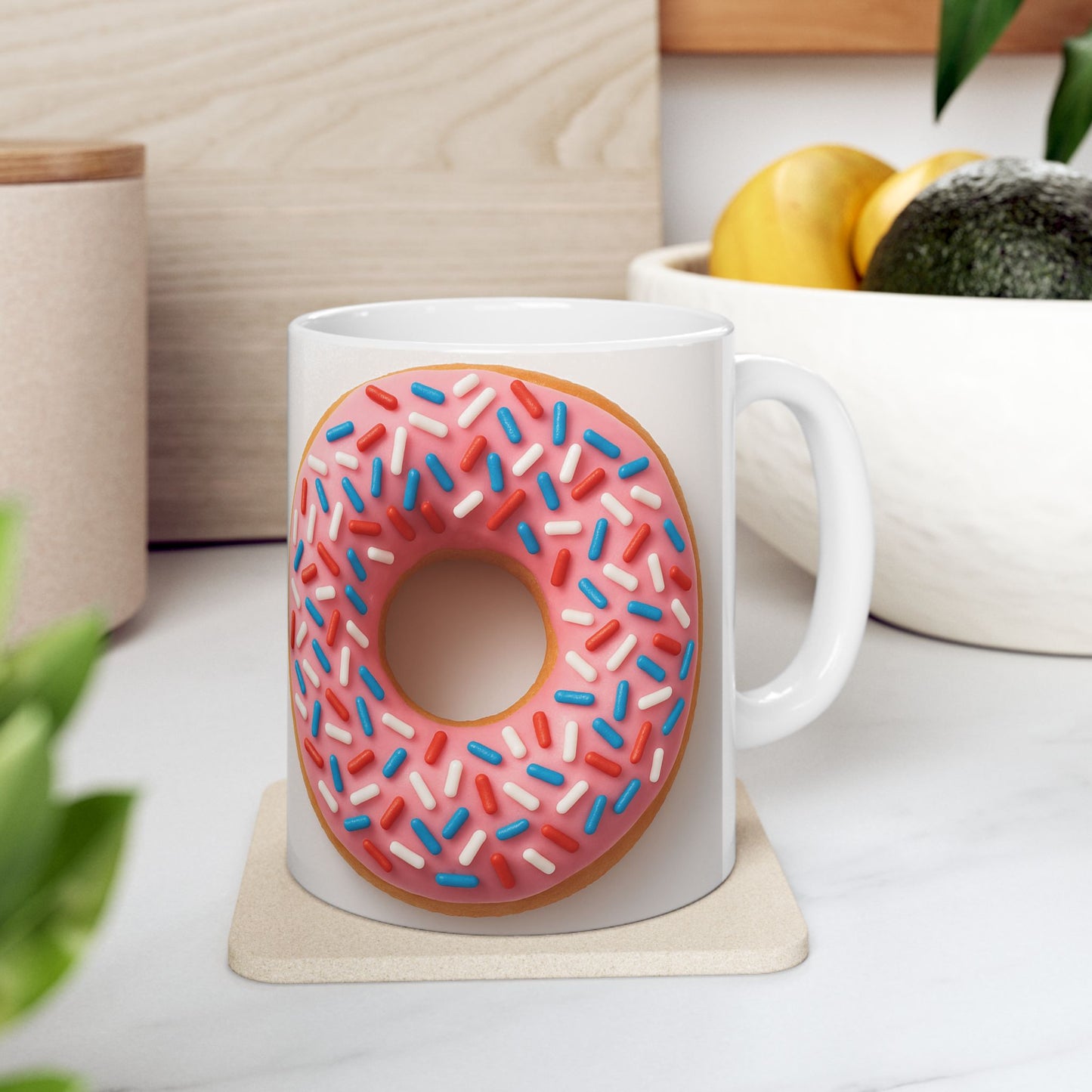Donut Design Ceramic Mug | Fun Coffee Mug for Foodies, Birthday Gift, Kitchen Decor, Donut Lover's Mug, Sweet Treat Drinkware
