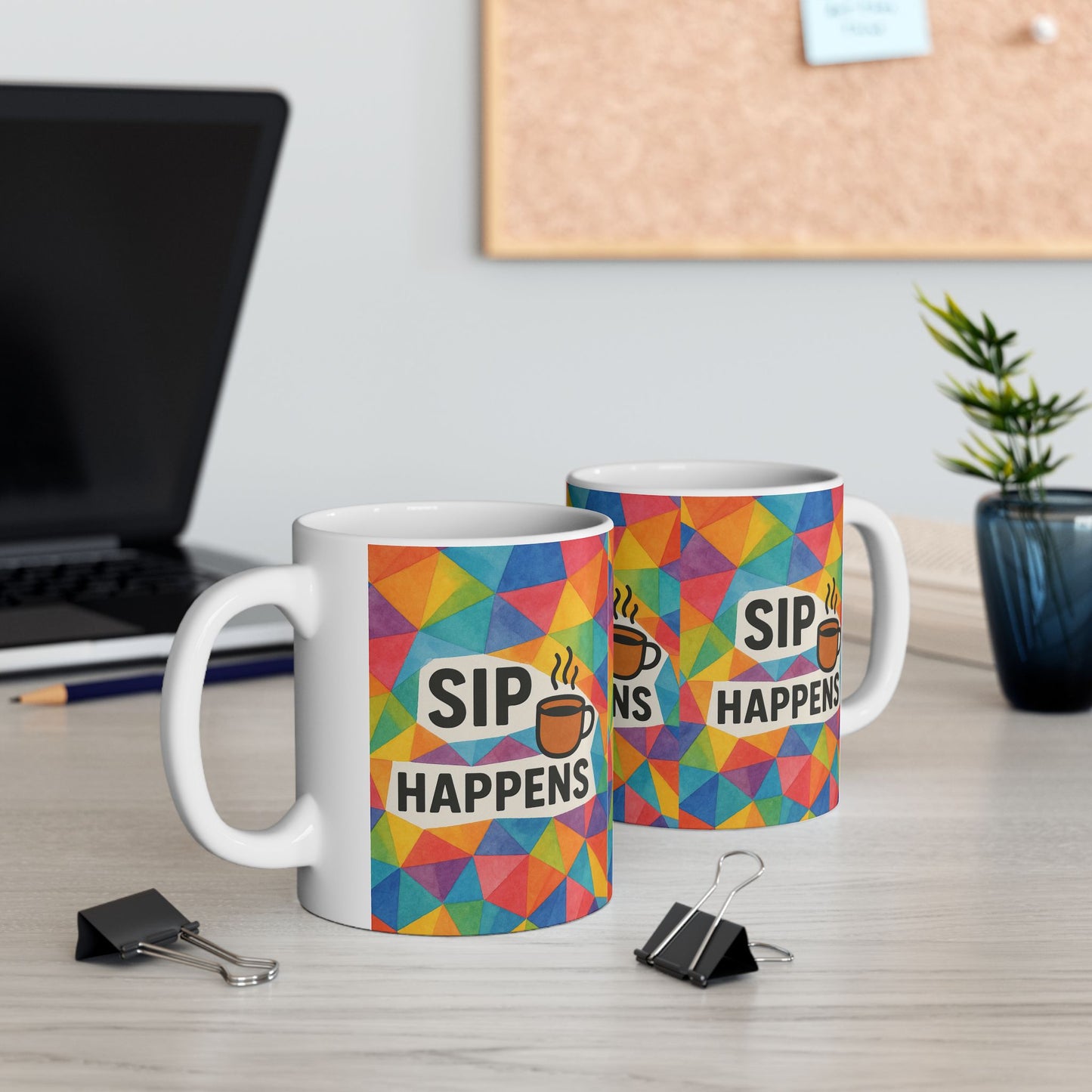 Colorful Ceramic Mug - 'Sip Happens' Coffee Cup, Fun Gift, Office Mug, Colorful Kitchenware, Beverage Container
