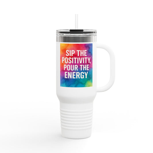 Vibrant Insulated Travel Mug | Sip the Positivity Mug, Hot Beverage Cup, Custom Drink Container, Colorful Tumblers, Travel Coffee Cup