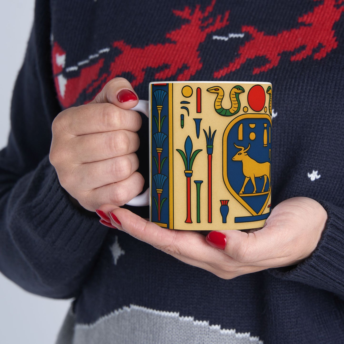 Egyptian Hieroglyphs Ceramic Mug, Colorful Coffee Cup, Artistic Drinkware, Unique Gift, Home Decor, Office Supplies