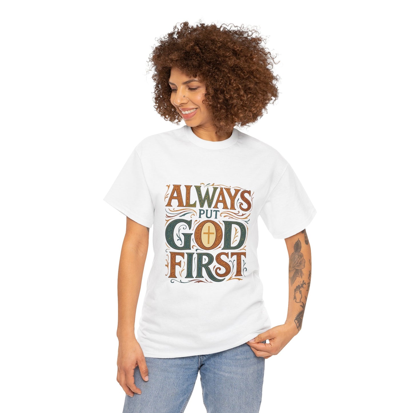Unisex Heavy Cotton Tee with 'Always Put God First' Inspirational Print, Faith Shirt, Christian Apparel, Gift for Believers, Everyday [...]