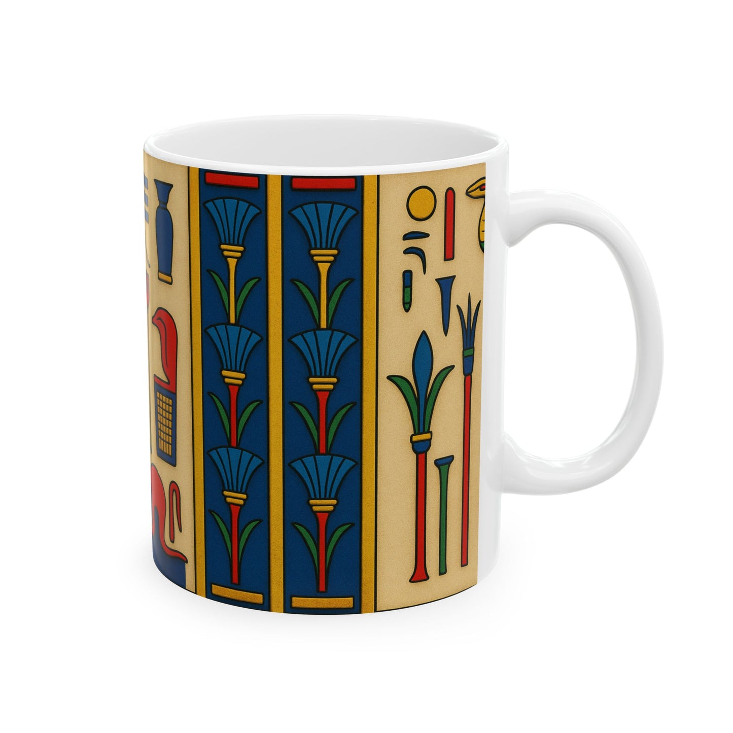 Egyptian Hieroglyphs Ceramic Mug, Colorful Coffee Cup, Artistic Drinkware, Unique Gift, Home Decor, Office Supplies