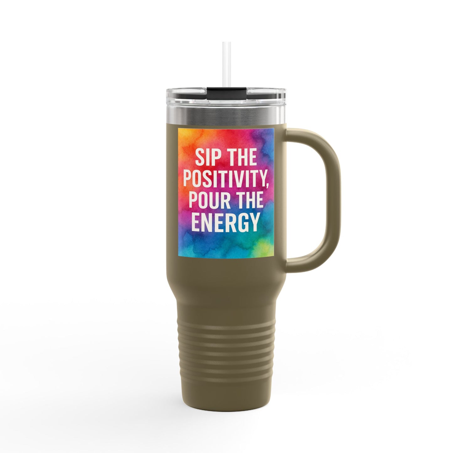Vibrant Insulated Travel Mug | Sip the Positivity Mug, Hot Beverage Cup, Custom Drink Container, Colorful Tumblers, Travel Coffee Cup