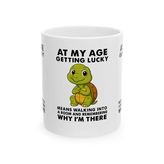 Funny Turtle Mug - Getting Lucky at My Age, Cute Gift for Seniors, Coffee Cup for Birthdays, Fun Home Decor, Humorous Tea Mug