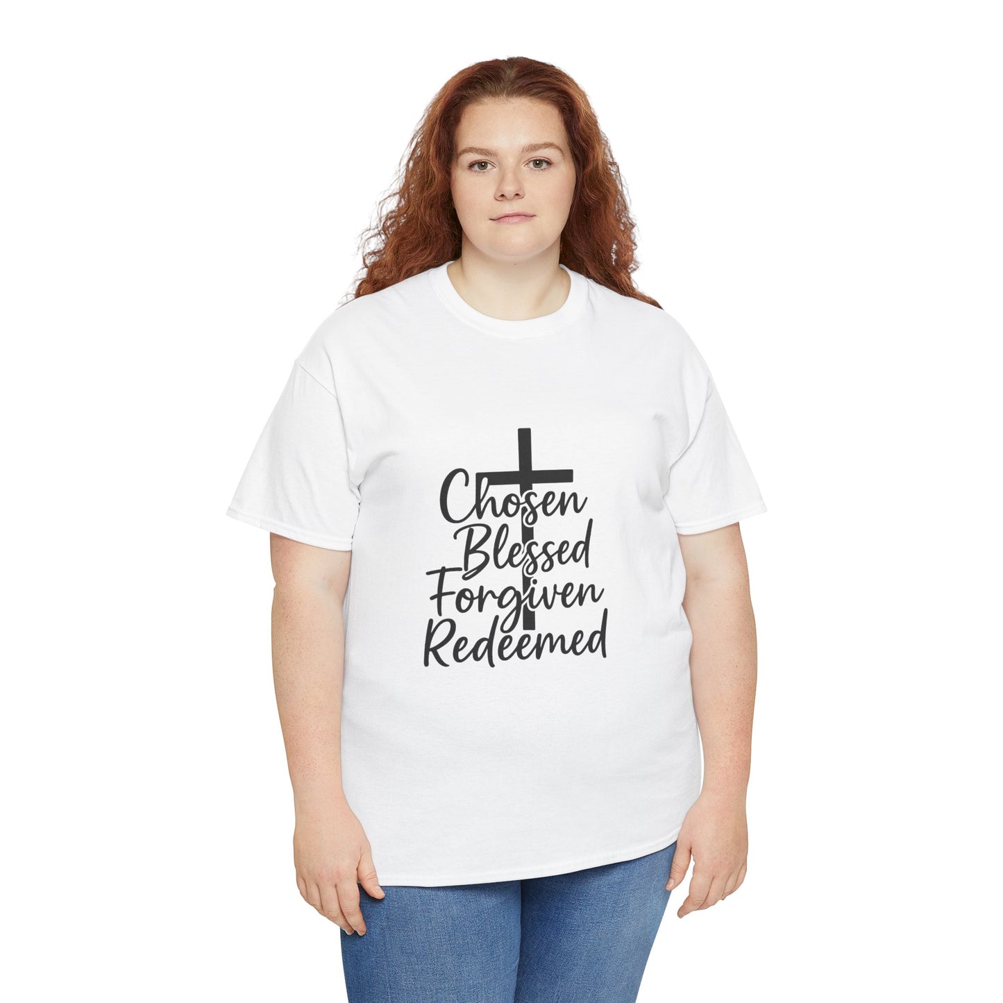 Faith-Inspired Unisex Heavy Cotton Tee - Chosen Blessed Forgiven Redeemed, Christian T-Shirt, Gift for Believers, Inspirational [...]