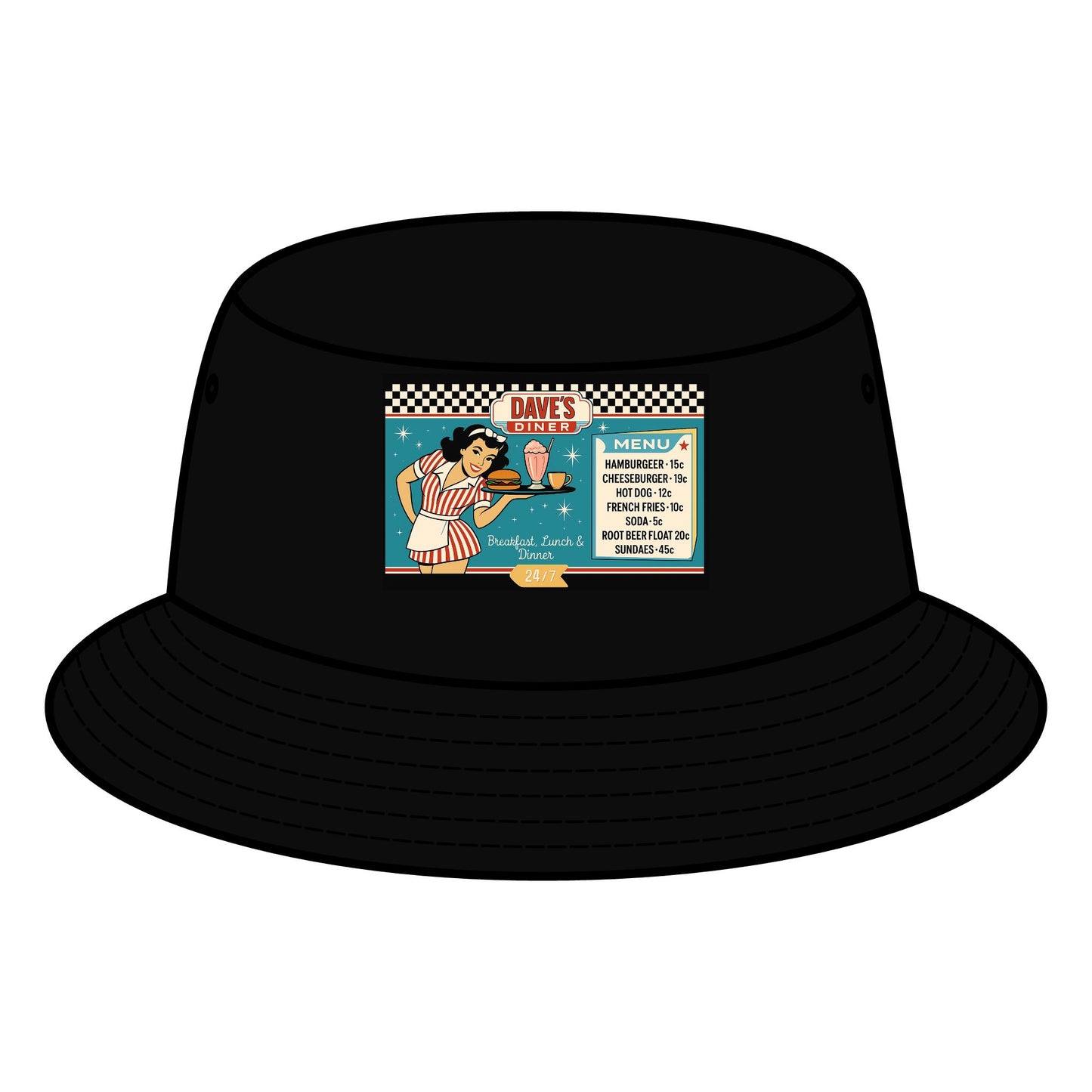 Retro Diner Bucket Hat, Vintage Style Hat, Summer Accessory, Unisex Hat, Festival Gear, Gift for Foodies