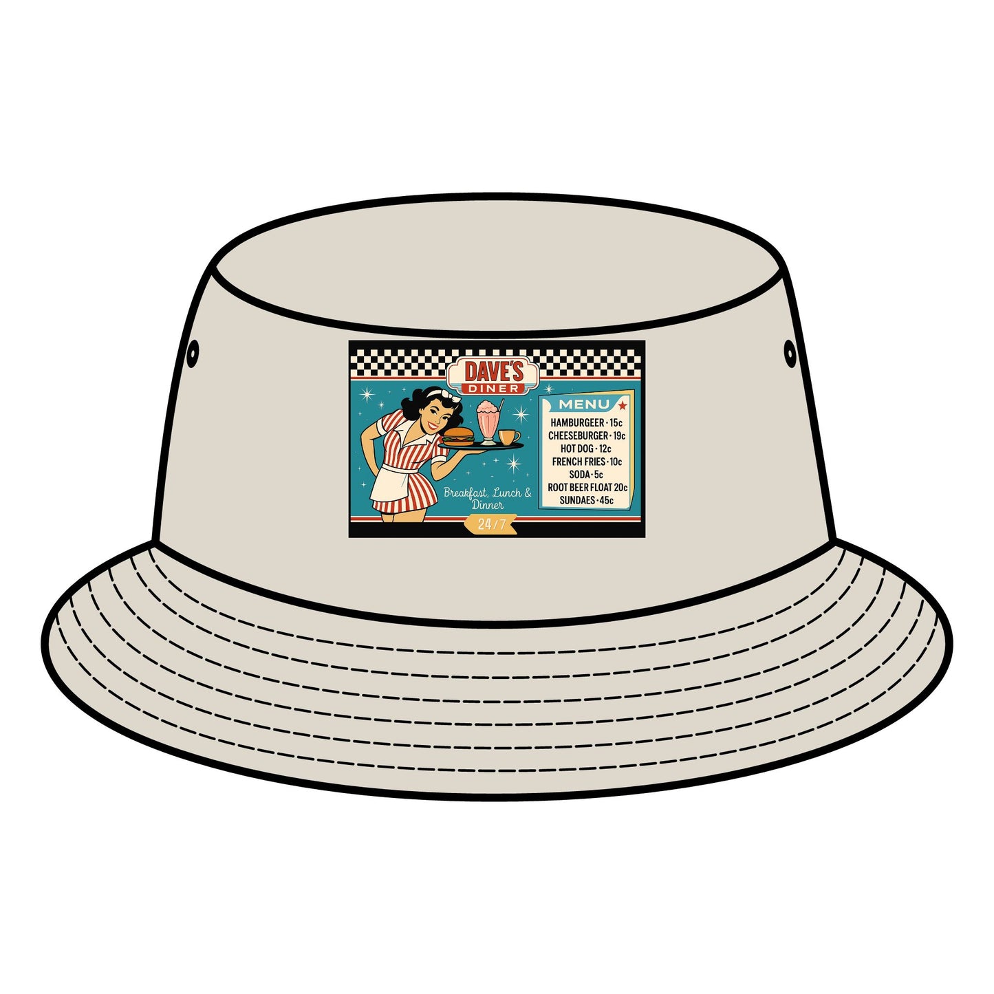 Retro Diner Bucket Hat, Vintage Style Hat, Summer Accessory, Unisex Hat, Festival Gear, Gift for Foodies