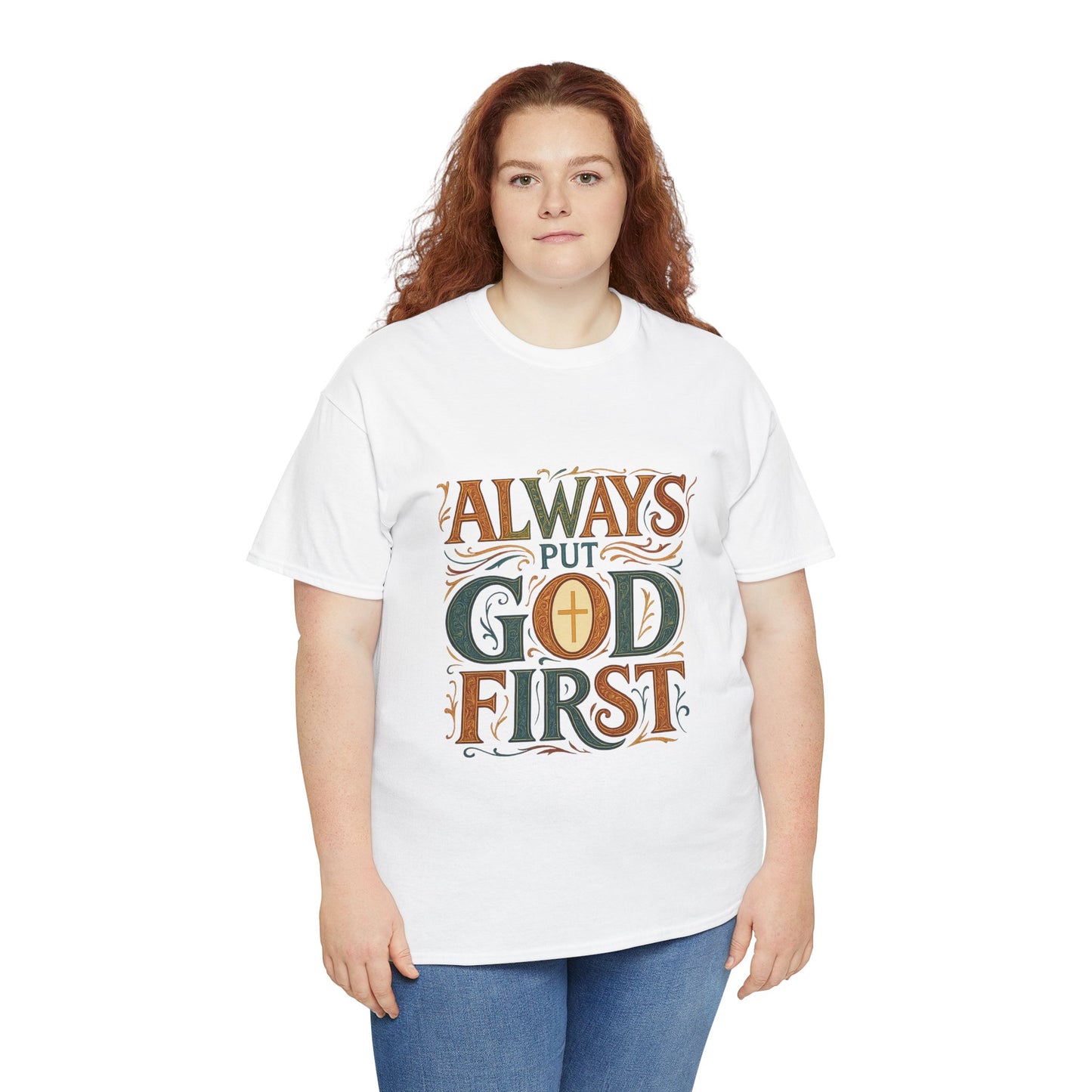 Unisex Heavy Cotton Tee with 'Always Put God First' Inspirational Print, Faith Shirt, Christian Apparel, Gift for Believers, Everyday [...]
