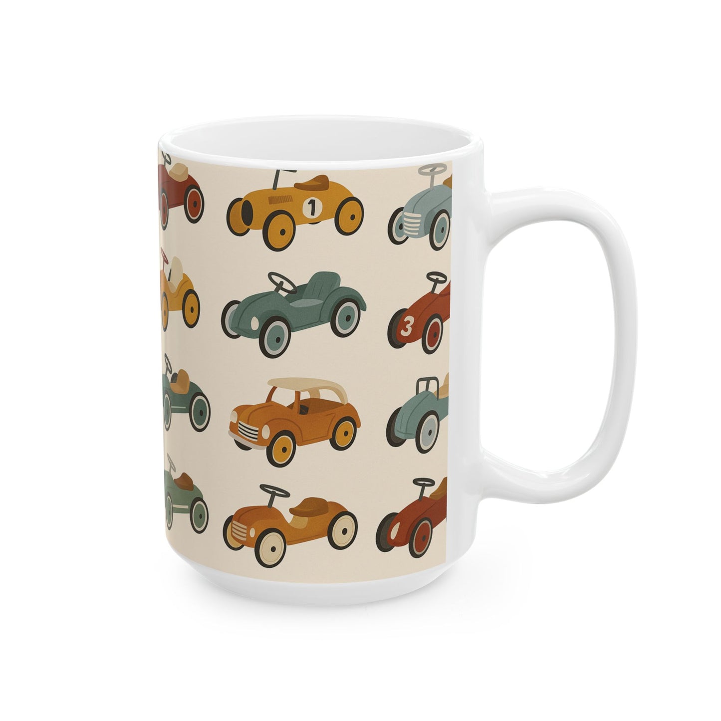 Vintage Race Car Ceramic Mug, Perfect Gift for Car Lovers, Kids' Birthday, Father's Day, Coffee Tea Drinkware, pedal cars