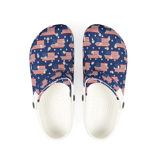 Patriotic Foam Shoes, USA Flag Clogs, Comfortable Garden Footwear, Summer Slip-Ons, Fun July 4th Shoes, Unisex Outdoor Footwear