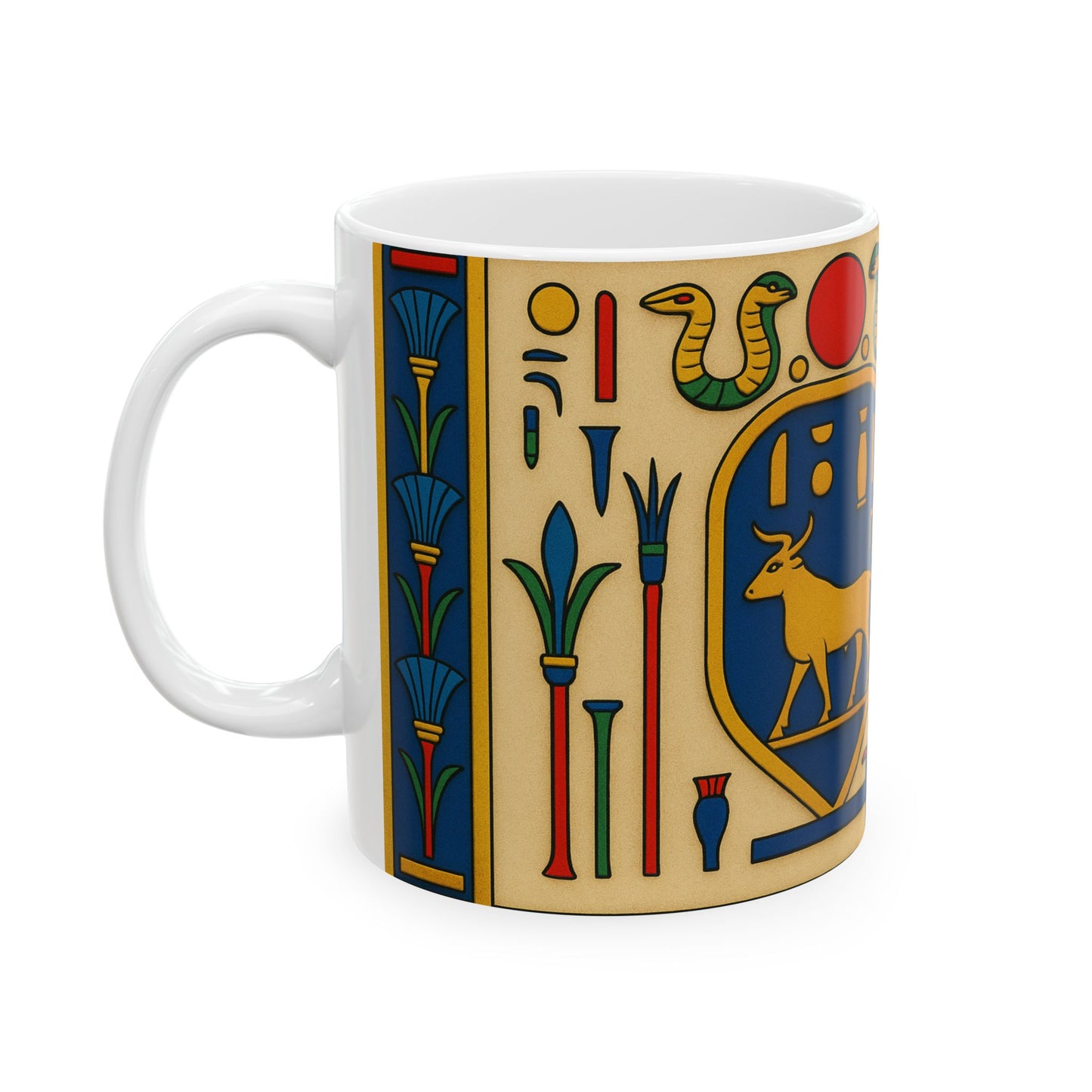 Egyptian Hieroglyphs Ceramic Mug, Colorful Coffee Cup, Artistic Drinkware, Unique Gift, Home Decor, Office Supplies