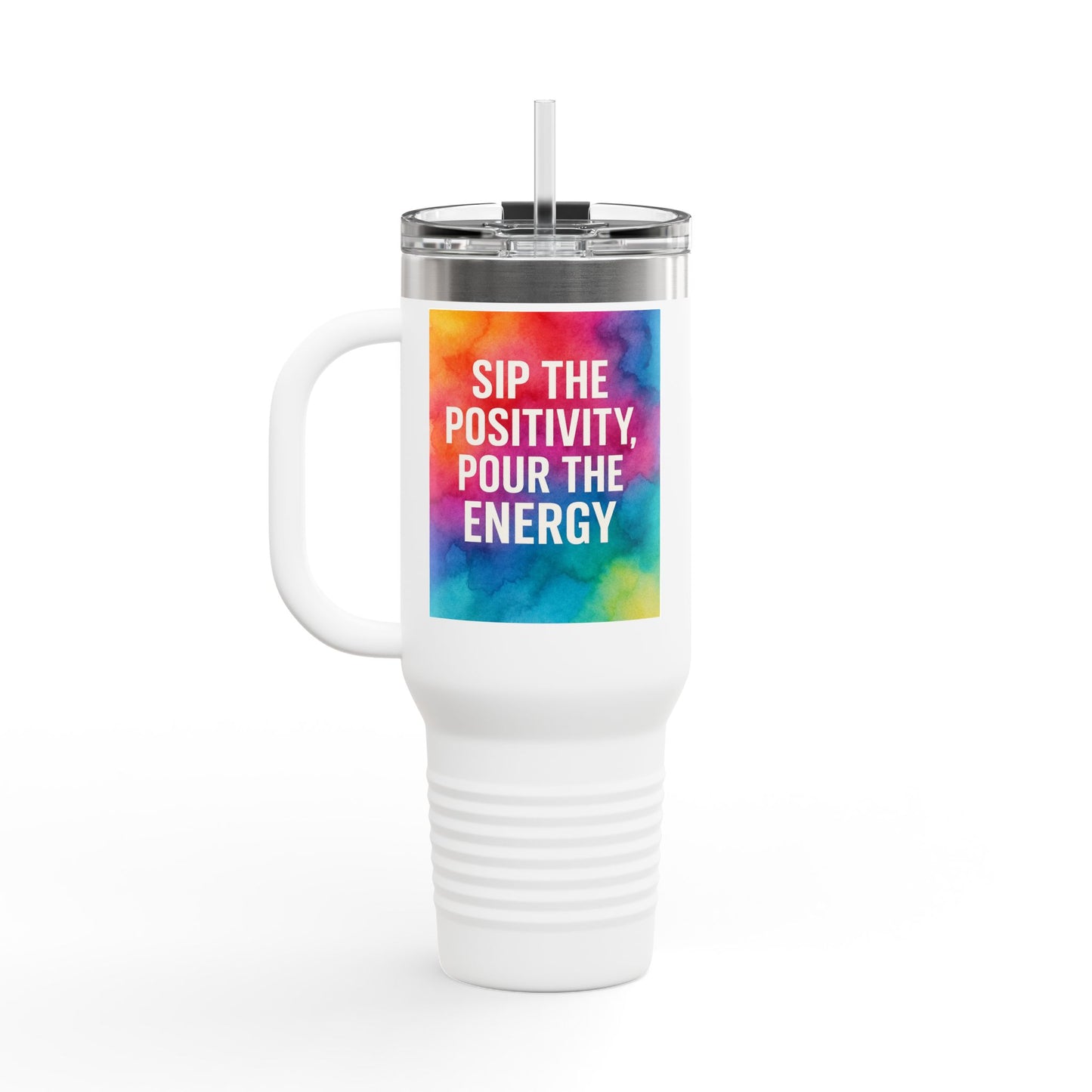 Vibrant Insulated Travel Mug | Sip the Positivity Mug, Hot Beverage Cup, Custom Drink Container, Colorful Tumblers, Travel Coffee Cup
