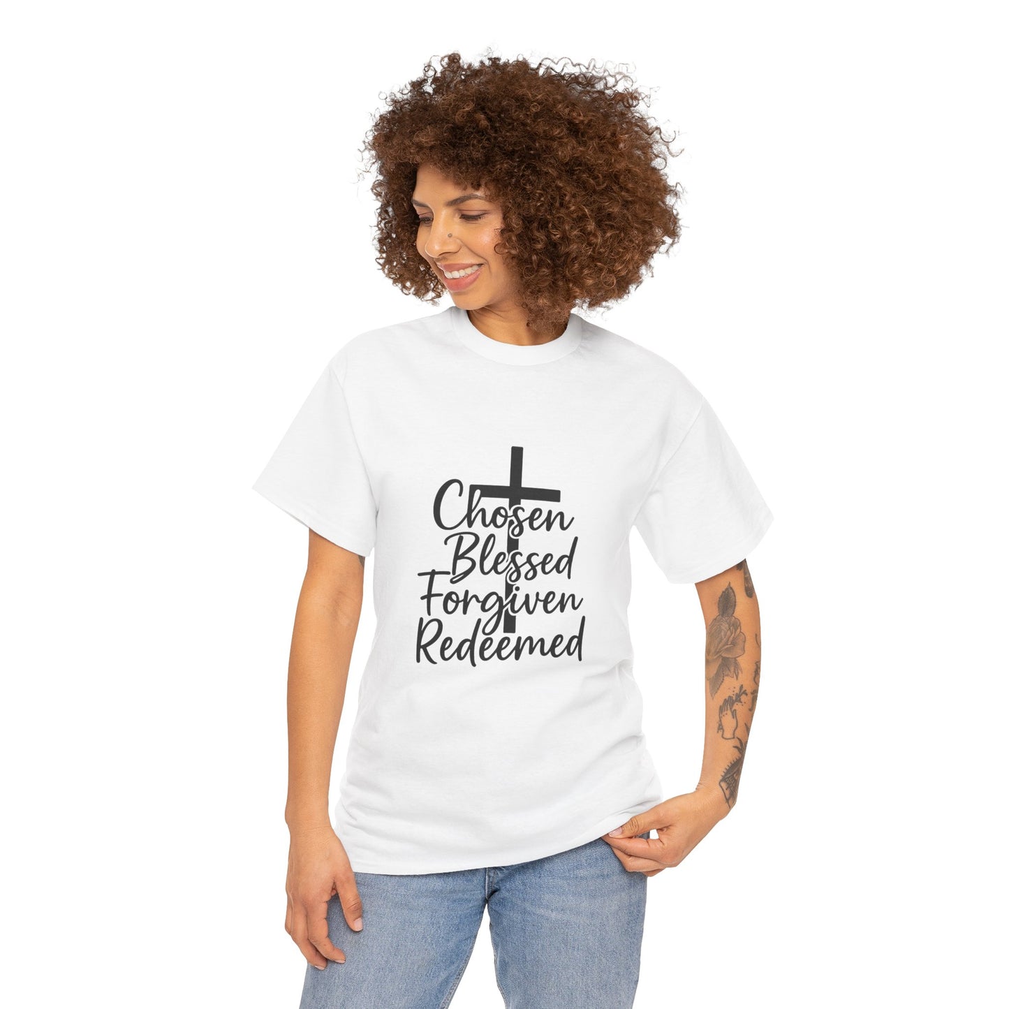 Faith-Inspired Unisex Heavy Cotton Tee - Chosen Blessed Forgiven Redeemed, Christian T-Shirt, Gift for Believers, Inspirational [...]
