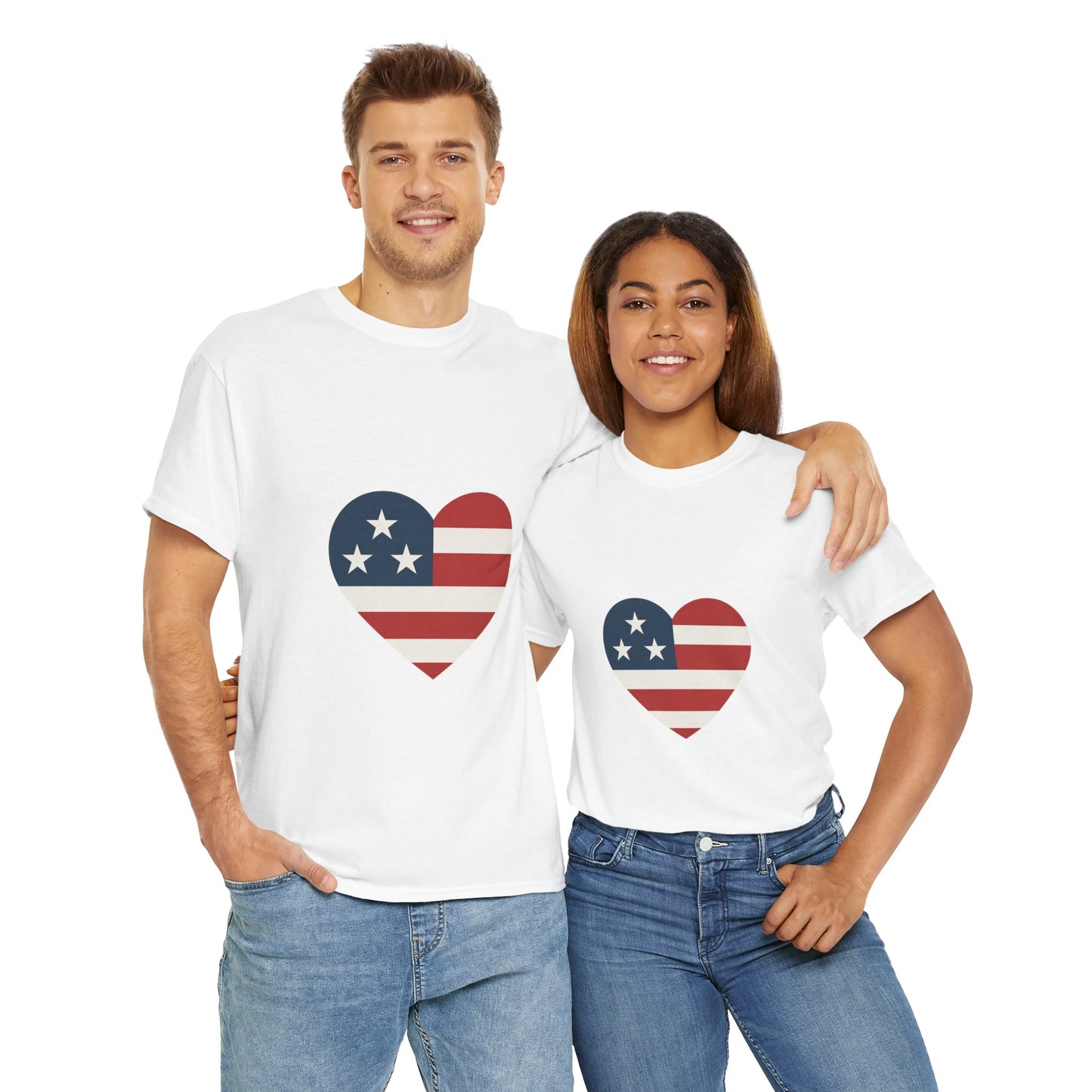 Patriotic Love Heart Tee, Unisex Cotton T-Shirt, American Heart Shirt, Fourth of July Attire, Casual Independence Day Top