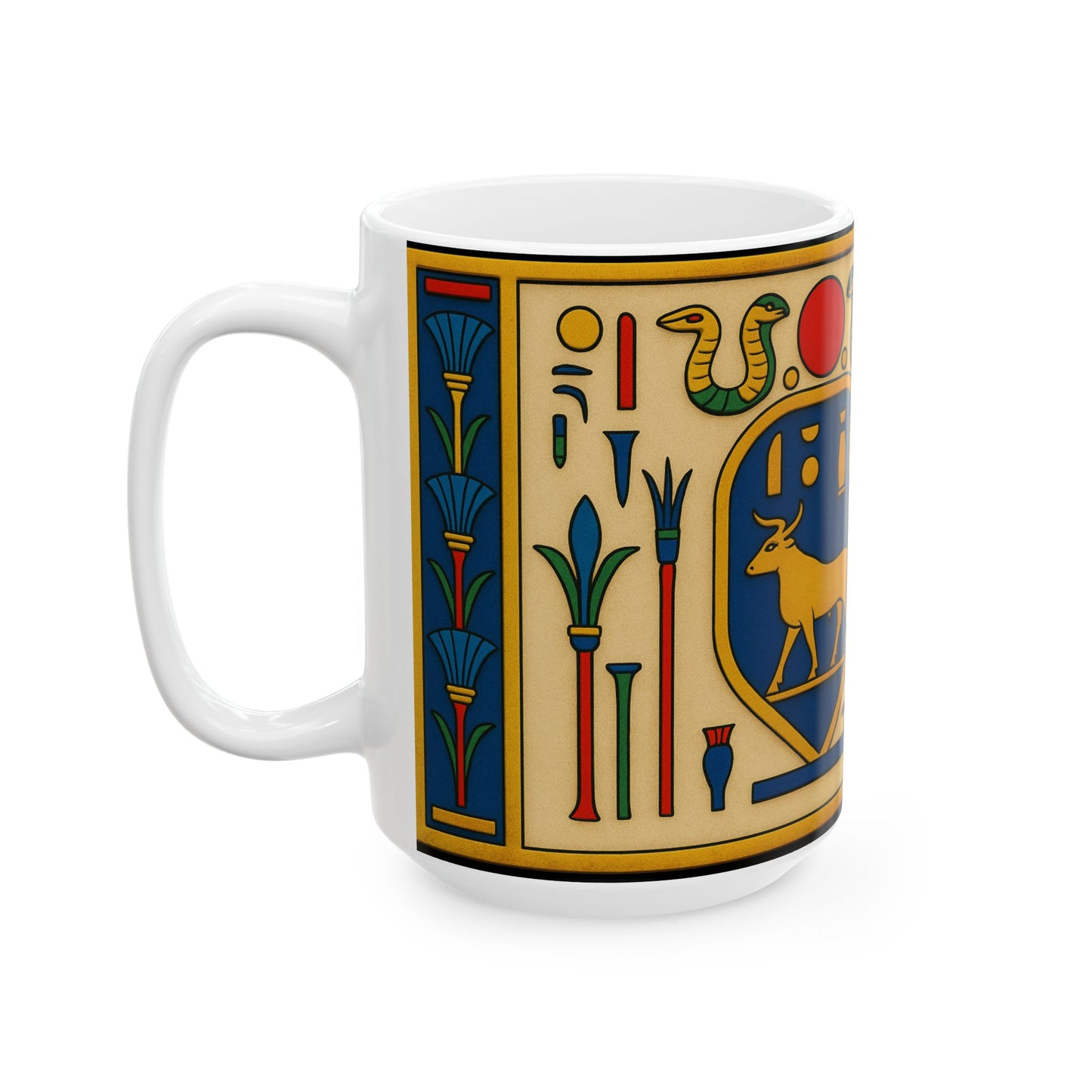 Egyptian Hieroglyphs Ceramic Mug, Colorful Coffee Cup, Artistic Drinkware, Unique Gift, Home Decor, Office Supplies