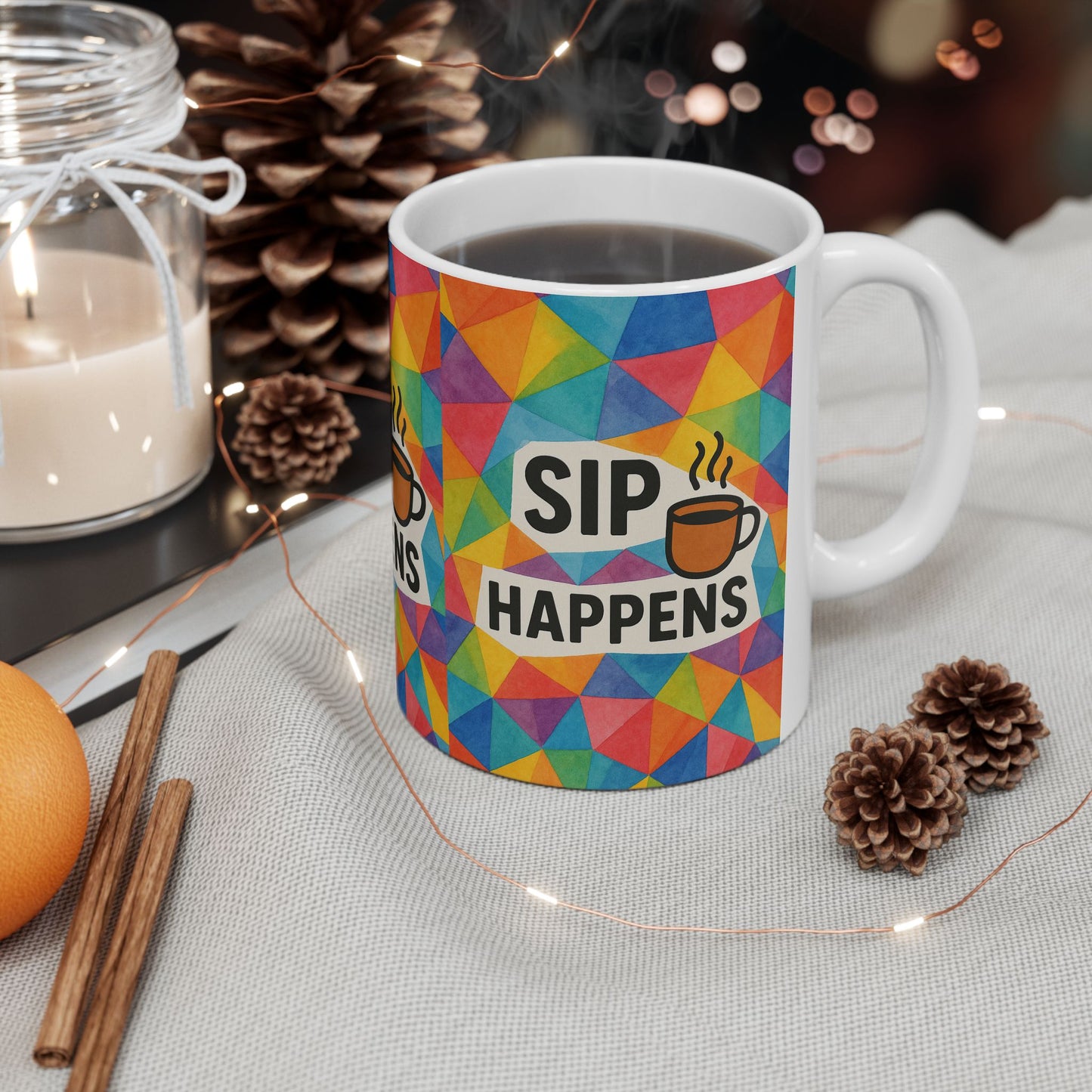 Colorful Ceramic Mug - 'Sip Happens' Coffee Cup, Fun Gift, Office Mug, Colorful Kitchenware, Beverage Container