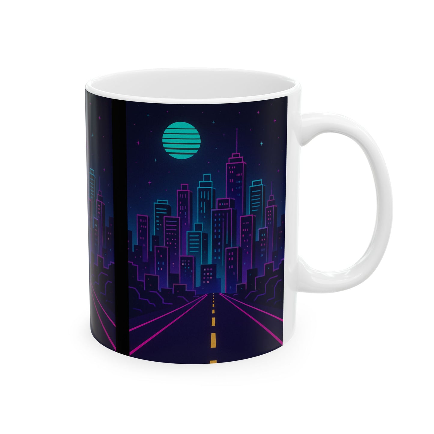 Neon Cityscape Ceramic Mug | Artsy Coffee Cup, Sci-Fi Drinkware, Unique Gift, Nightlife Vibe, Urban Decor
