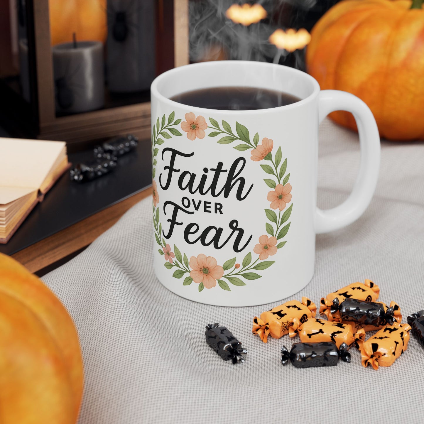 Inspirational Floral Ceramic Mug - Faith Over Fear, Motivation Gift, Coffee Cup, Home Decor, Encouragement Drinkware