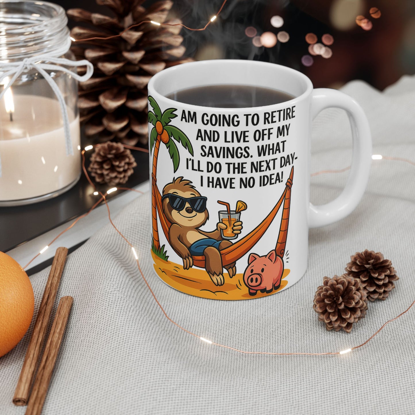 Funny Retirement Ceramic Mug - Sloth and Pig Design for Adults, Gift Idea for Retirement Party, Humor Coffee Cup, Beach Vibes, 11oz or 15oz
