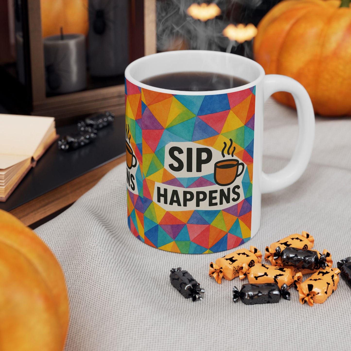 Colorful Ceramic Mug - 'Sip Happens' Coffee Cup, Fun Gift, Office Mug, Colorful Kitchenware, Beverage Container