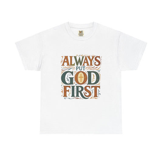 Unisex Heavy Cotton Tee with 'Always Put God First' Inspirational Print, Faith Shirt, Christian Apparel, Gift for Believers, Everyday [...]