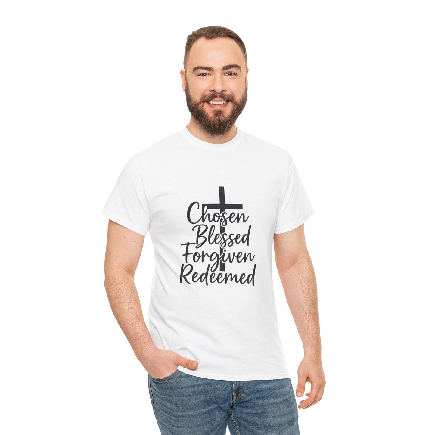Faith-Inspired Unisex Heavy Cotton Tee - Chosen Blessed Forgiven Redeemed, Christian T-Shirt, Gift for Believers, Inspirational [...]